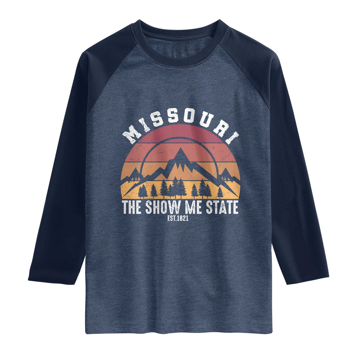 Vintage Missouri Travel Raglan Shirt The Show Me State Pride TS12 Heather Denim Navy Print Your Wear