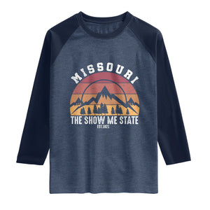 Vintage Missouri Travel Raglan Shirt The Show Me State Pride TS12 Heather Denim Navy Print Your Wear