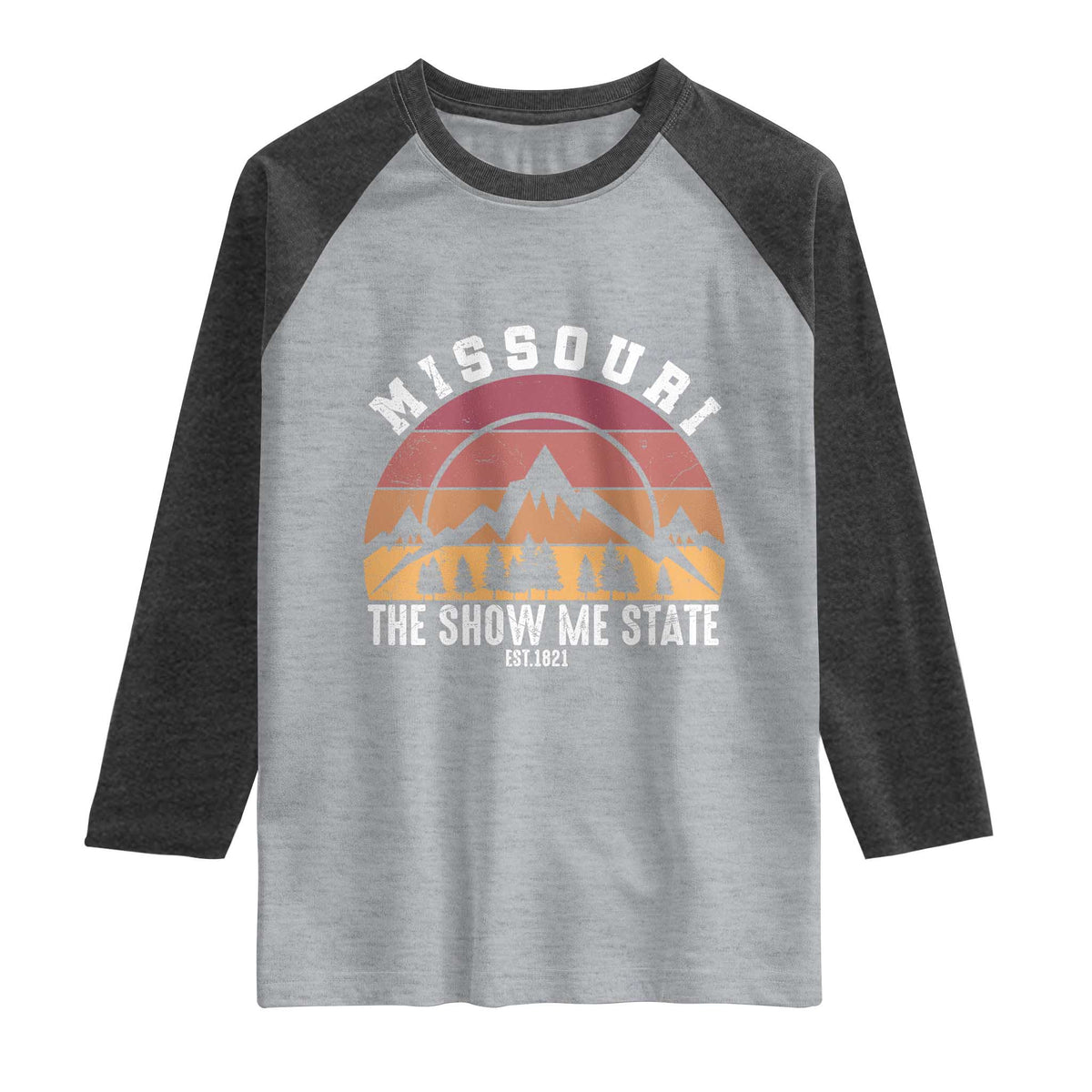 Vintage Missouri Travel Raglan Shirt The Show Me State Pride TS12 Heather Gray Heather Charcoal Print Your Wear