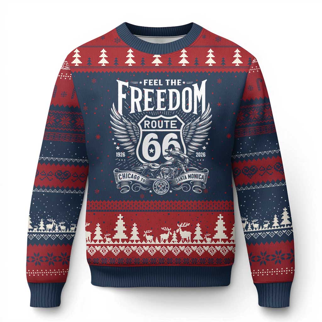Feel The Freedom Route Highway 66 Ugly Christmas Sweater 100th Anniversary Biker Road Trip Graphic TS12 Navy Red Print Your Wear