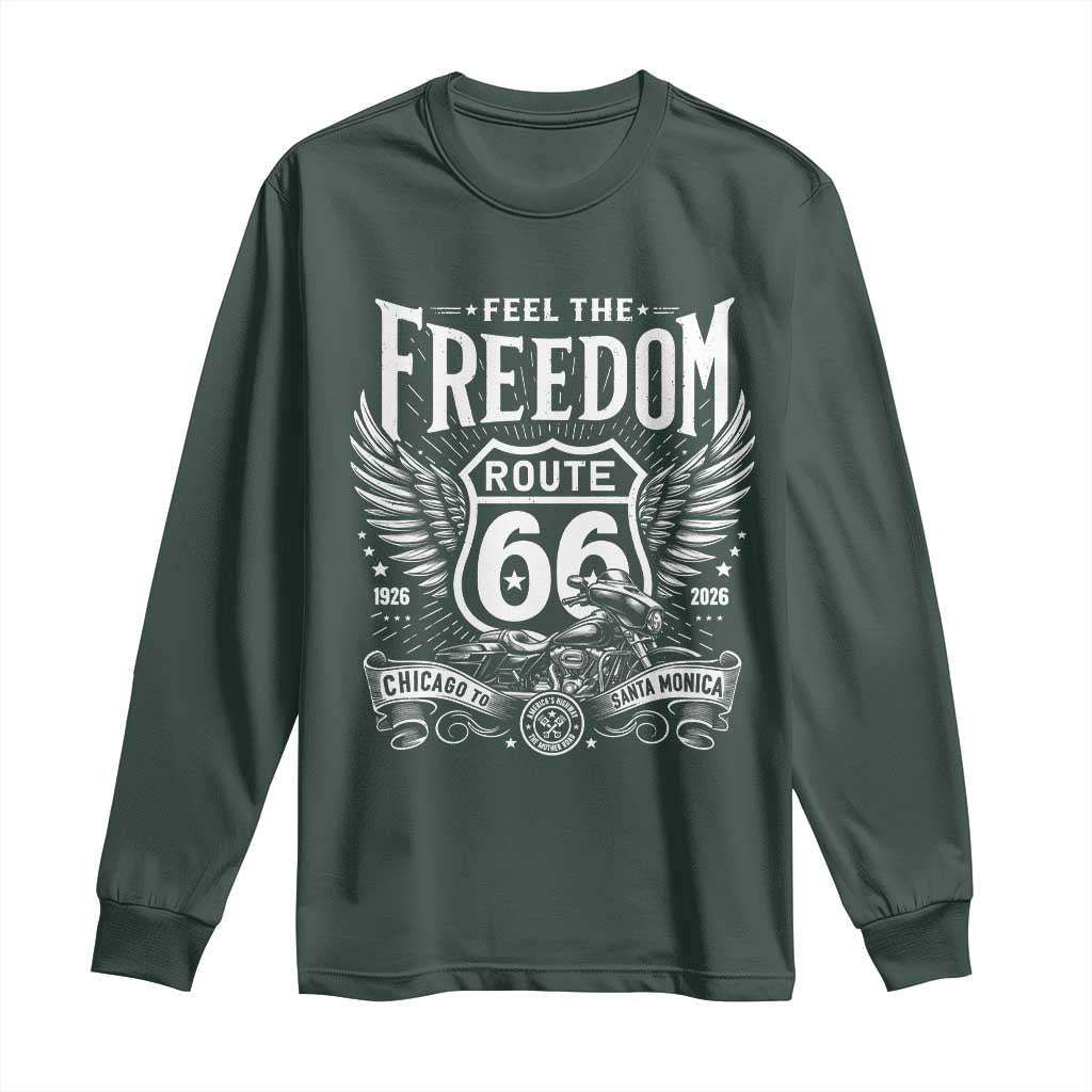 Feel The Freedom Route Highway 66 Long Sleeve Shirt 100th Anniversary Biker Road Trip Graphic TS12 Dark Forest Green Print Your Wear