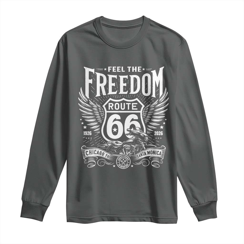 Feel The Freedom Route Highway 66 Long Sleeve Shirt 100th Anniversary Biker Road Trip Graphic TS12 Dark Heather Print Your Wear