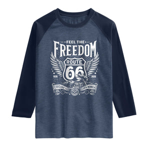 Feel The Freedom Route Highway 66 Raglan Shirt 100th Anniversary Biker Road Trip Graphic TS12 Heather Denim Navy Print Your Wear