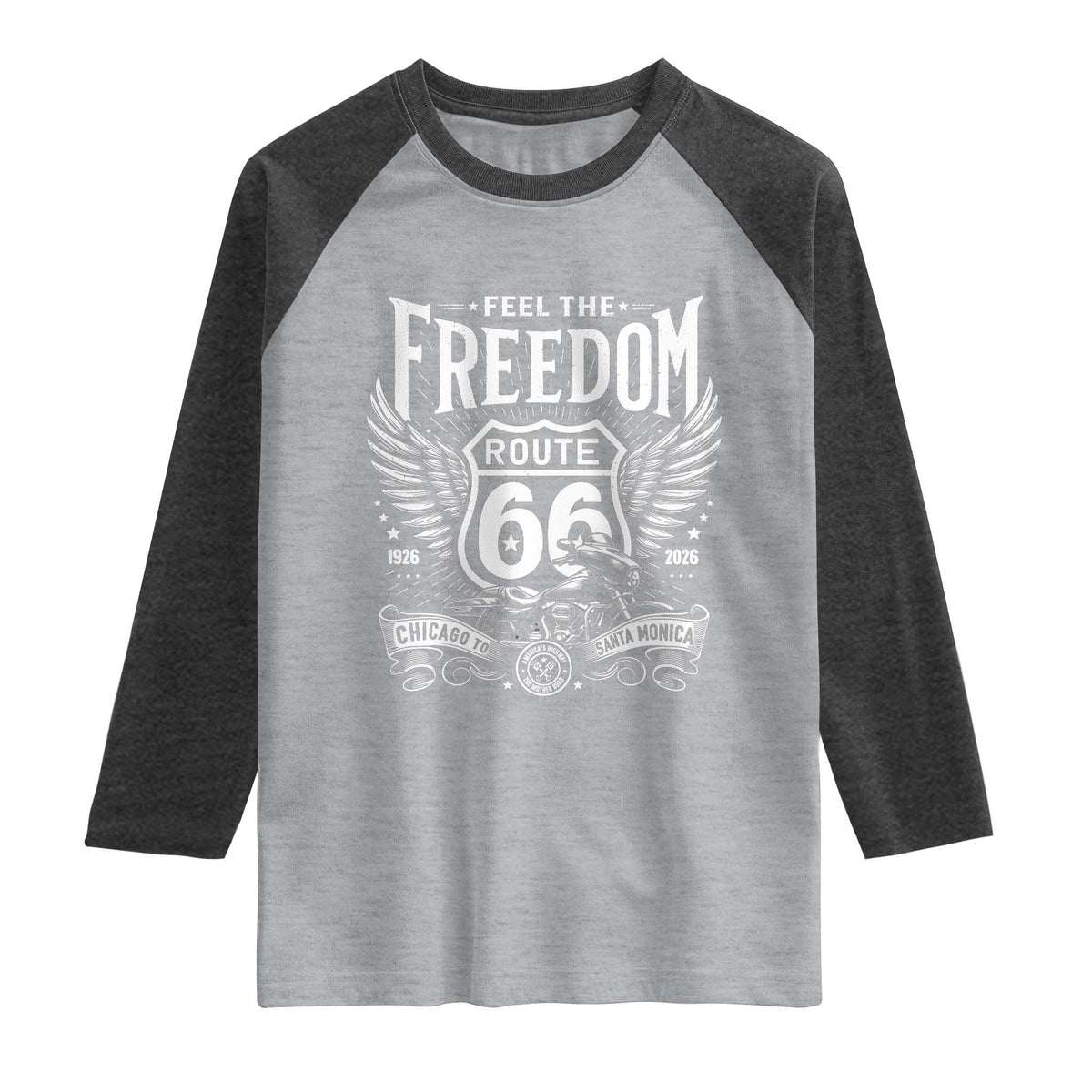 Feel The Freedom Route Highway 66 Raglan Shirt 100th Anniversary Biker Road Trip Graphic TS12 Heather Gray Heather Charcoal Print Your Wear