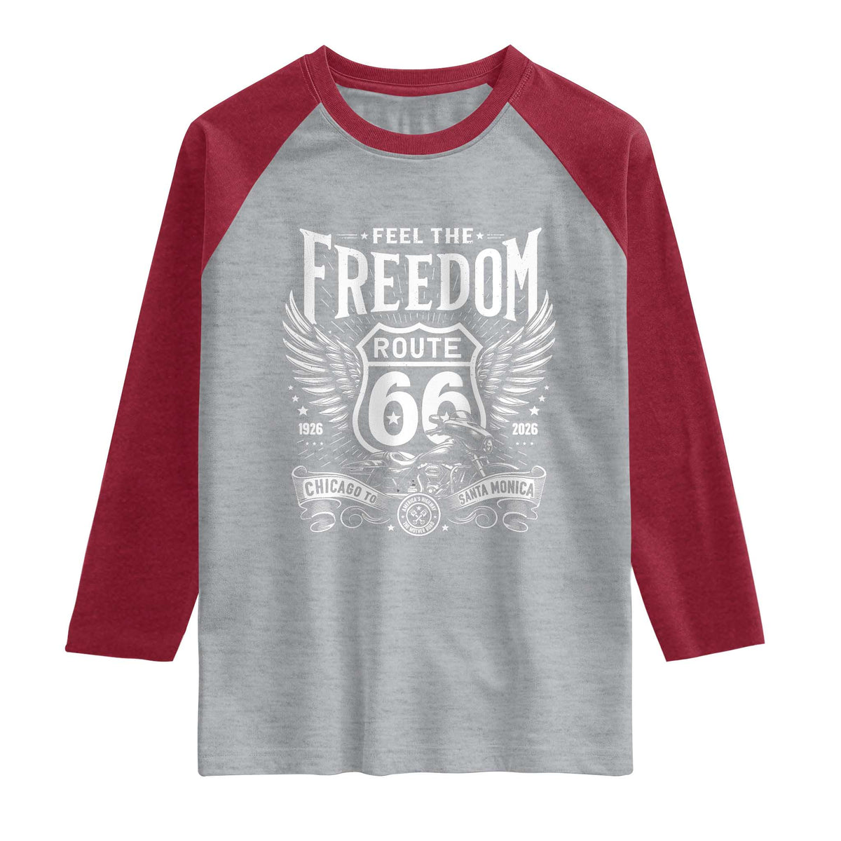 Feel The Freedom Route Highway 66 Raglan Shirt 100th Anniversary Biker Road Trip Graphic TS12 Heather Gray Heather Red Print Your Wear