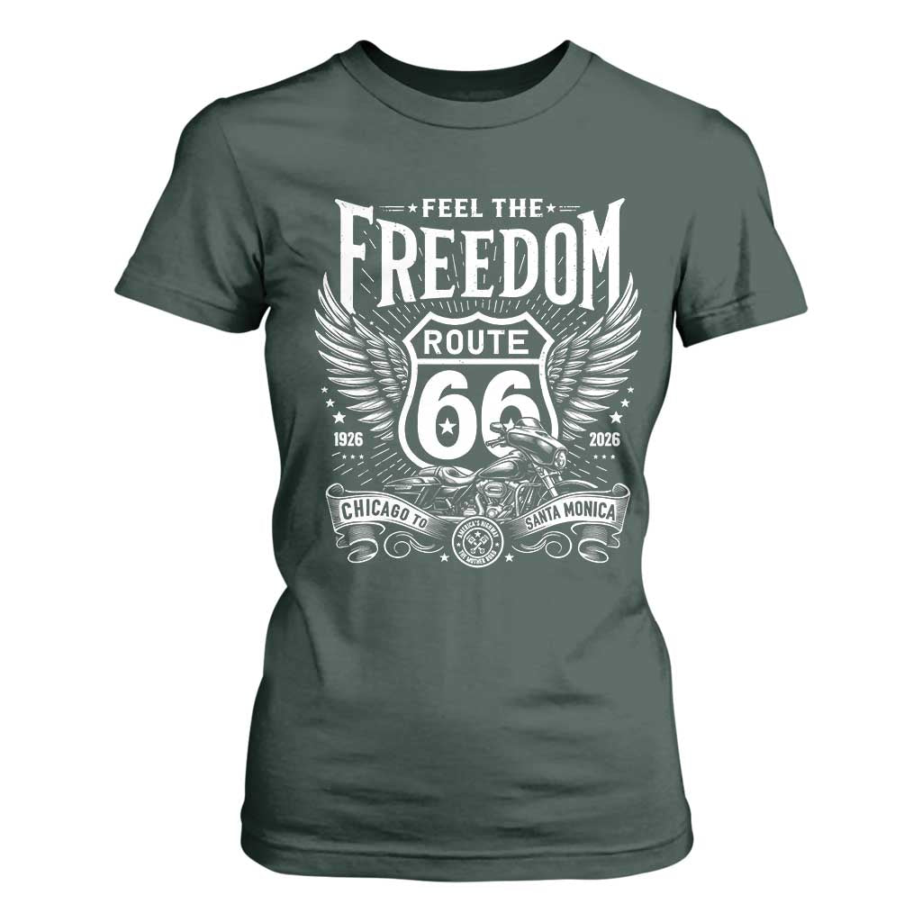 Feel The Freedom Route Highway 66 T Shirt For Women 100th Anniversary Biker Road Trip Graphic TS12 Dark Forest Green Print Your Wear