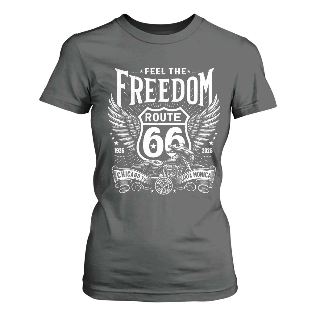 Feel The Freedom Route Highway 66 T Shirt For Women 100th Anniversary Biker Road Trip Graphic TS12 Dark Heather Print Your Wear