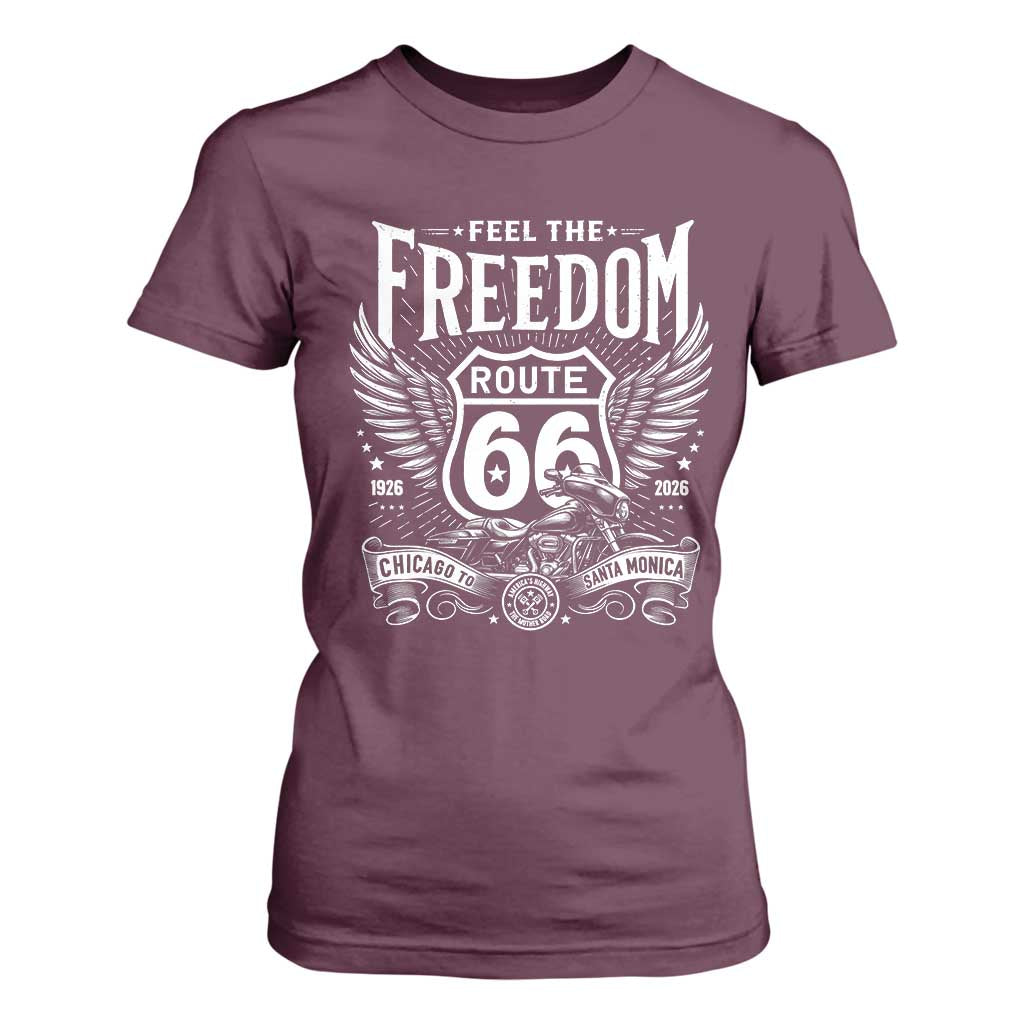 Feel The Freedom Route Highway 66 T Shirt For Women 100th Anniversary Biker Road Trip Graphic TS12 Maroon Print Your Wear