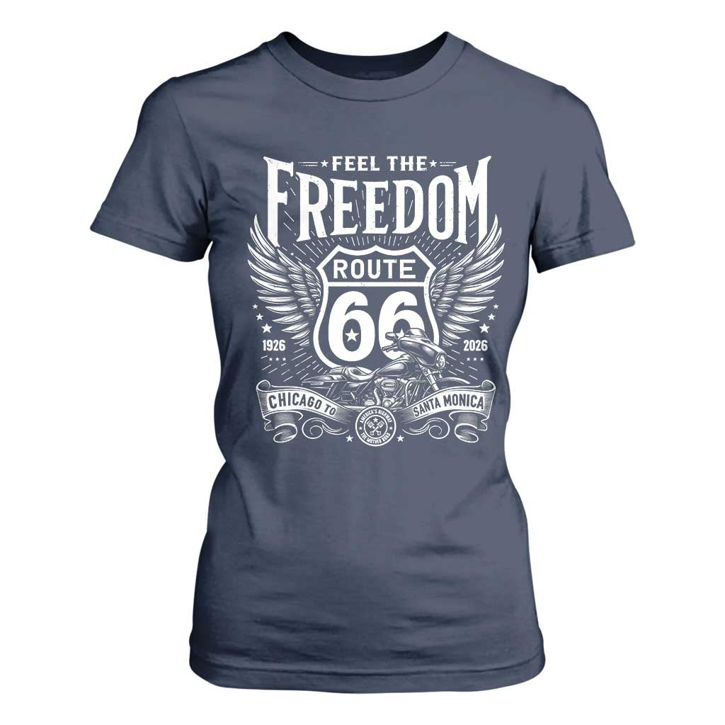 Feel The Freedom Route Highway 66 T Shirt For Women 100th Anniversary Biker Road Trip Graphic TS12 Navy Print Your Wear