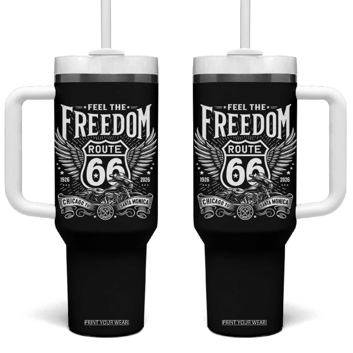 Feel The Freedom Route Highway 66 Tumbler With Handle 100th Anniversary Biker Road Trip Graphic TS12 One Size: 40 oz Black Print Your Wear