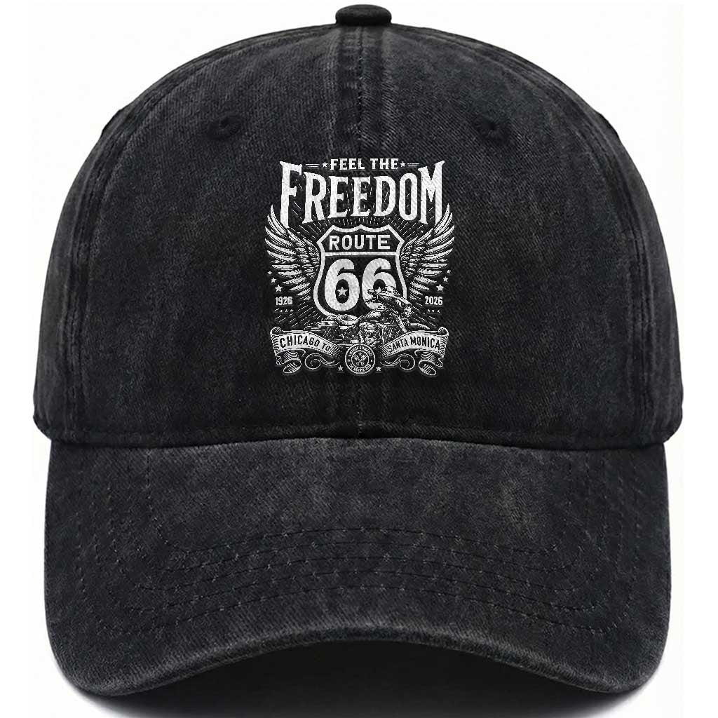 Feel The Freedom Route Highway 66 Washed Cotton Baseball Cap 100th Anniversary Biker Road Trip Graphic TS12 Print Your Wear
