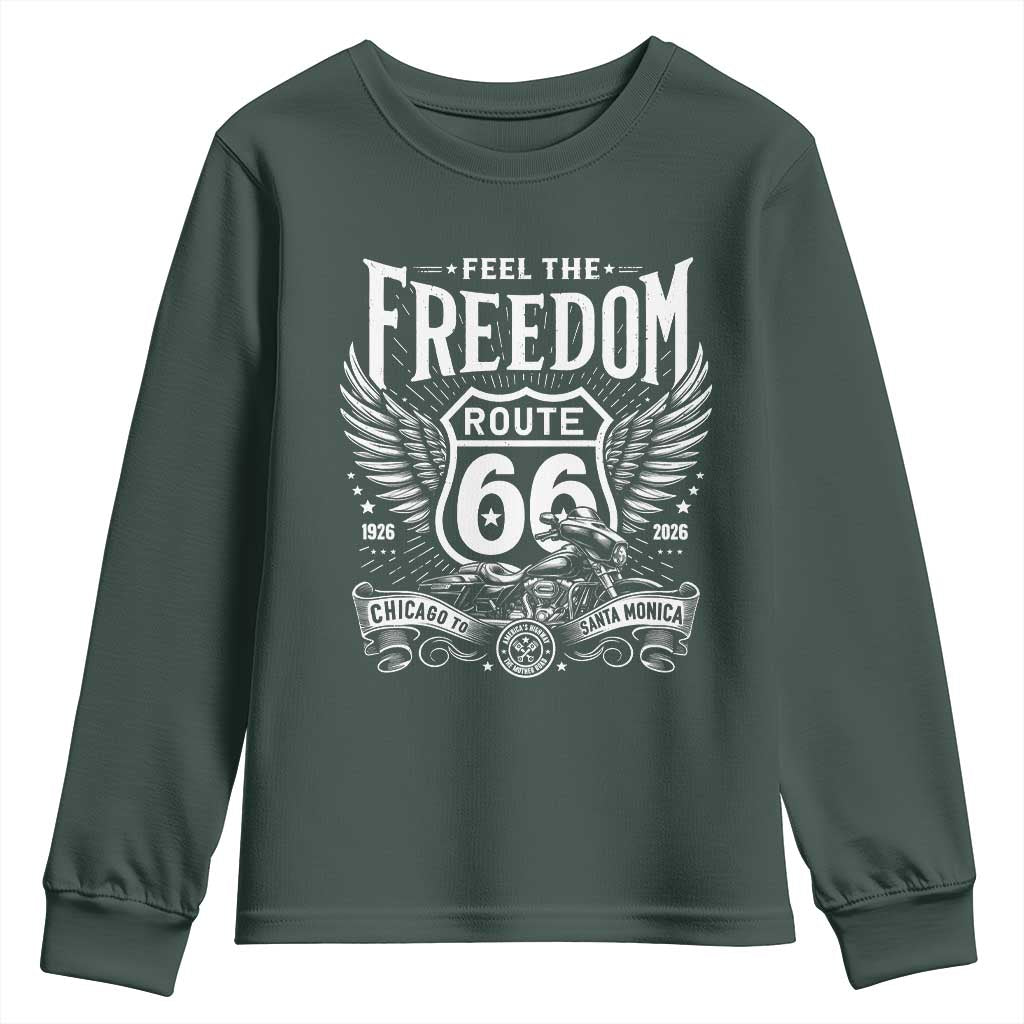 Feel The Freedom Route Highway 66 Youth Sweatshirt 100th Anniversary Biker Road Trip Graphic TS12 Dark Forest Green Print Your Wear