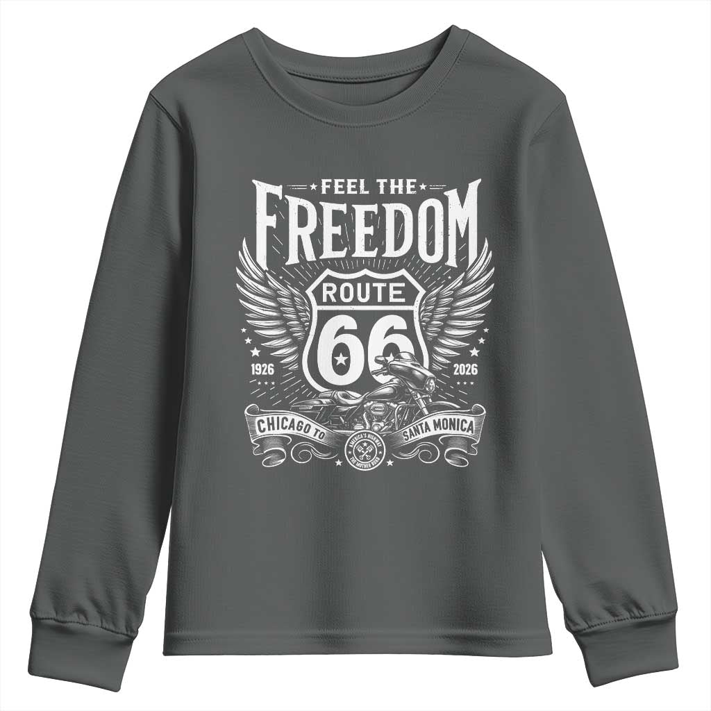 Feel The Freedom Route Highway 66 Youth Sweatshirt 100th Anniversary Biker Road Trip Graphic TS12 Dark Heather Print Your Wear