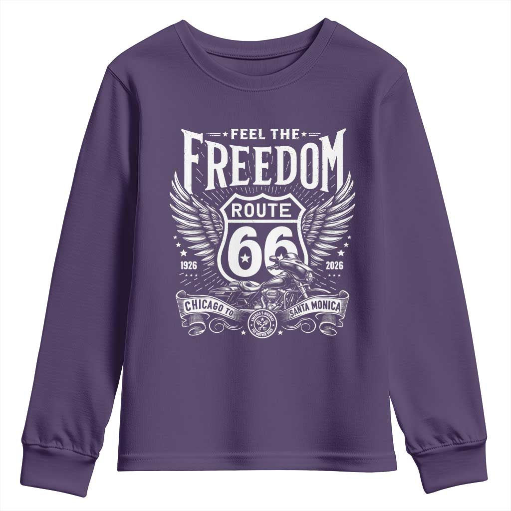 Feel The Freedom Route Highway 66 Youth Sweatshirt 100th Anniversary Biker Road Trip Graphic TS12 Purple Print Your Wear
