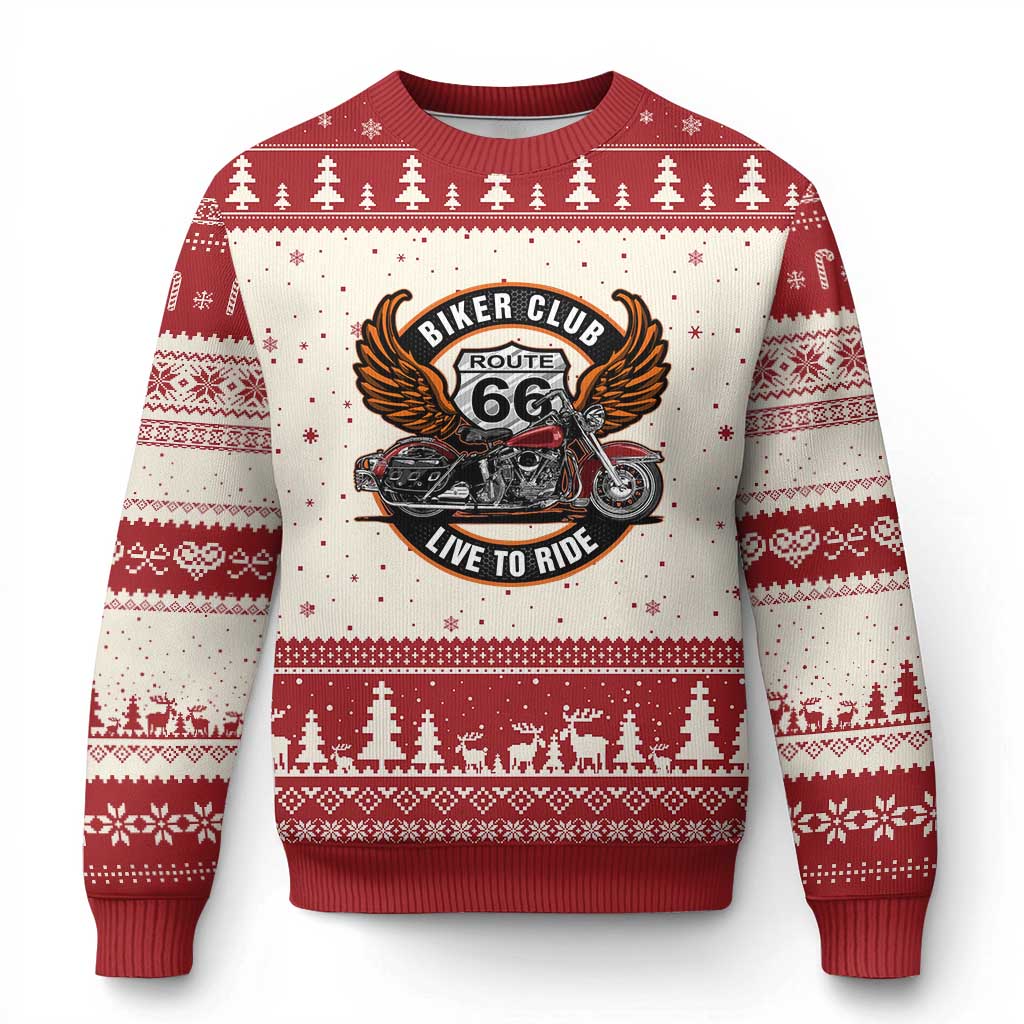 Vintage Route Highway 66 Biker Club Ugly Christmas Sweater Live To Ride Motorcycle Graphic TS12 Beige Red Print Your Wear