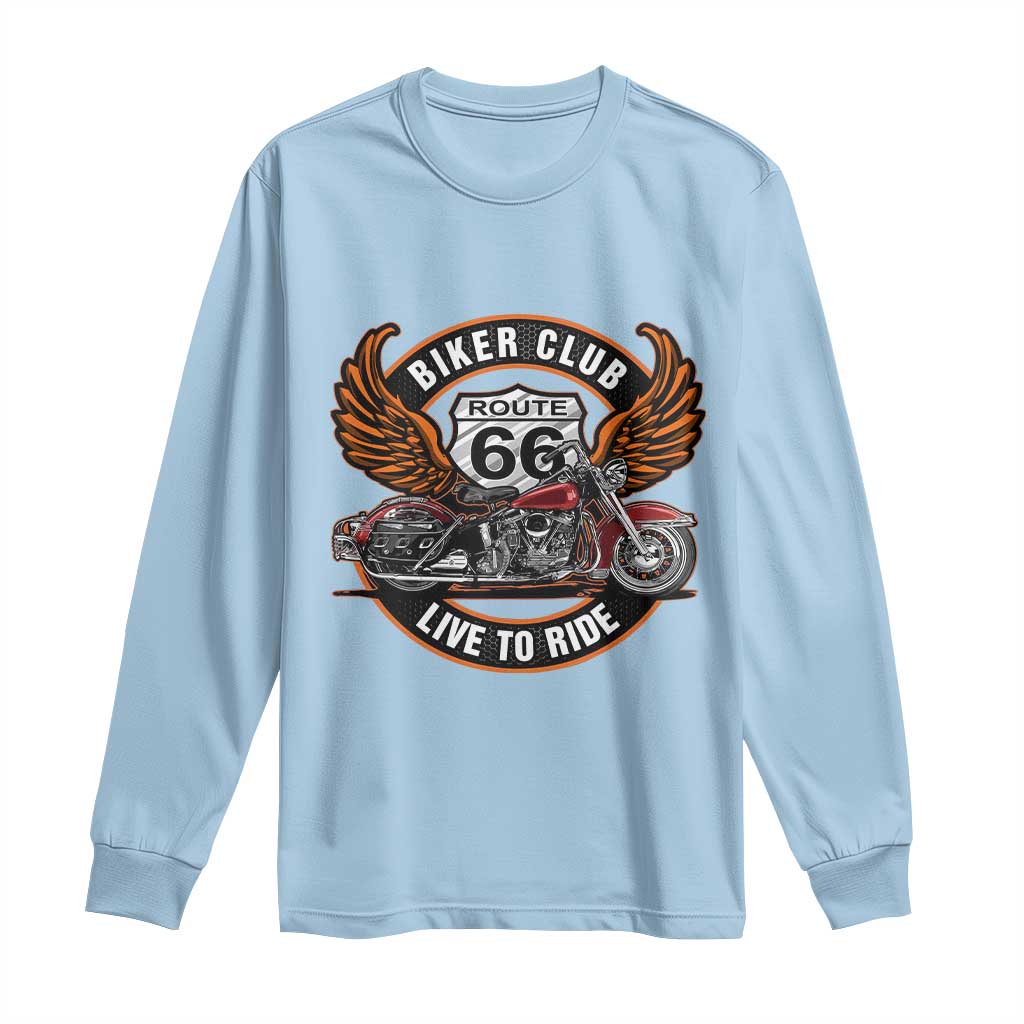 Vintage Route Highway 66 Biker Club Long Sleeve Shirt Live To Ride Motorcycle Graphic TS12 Light Blue Print Your Wear