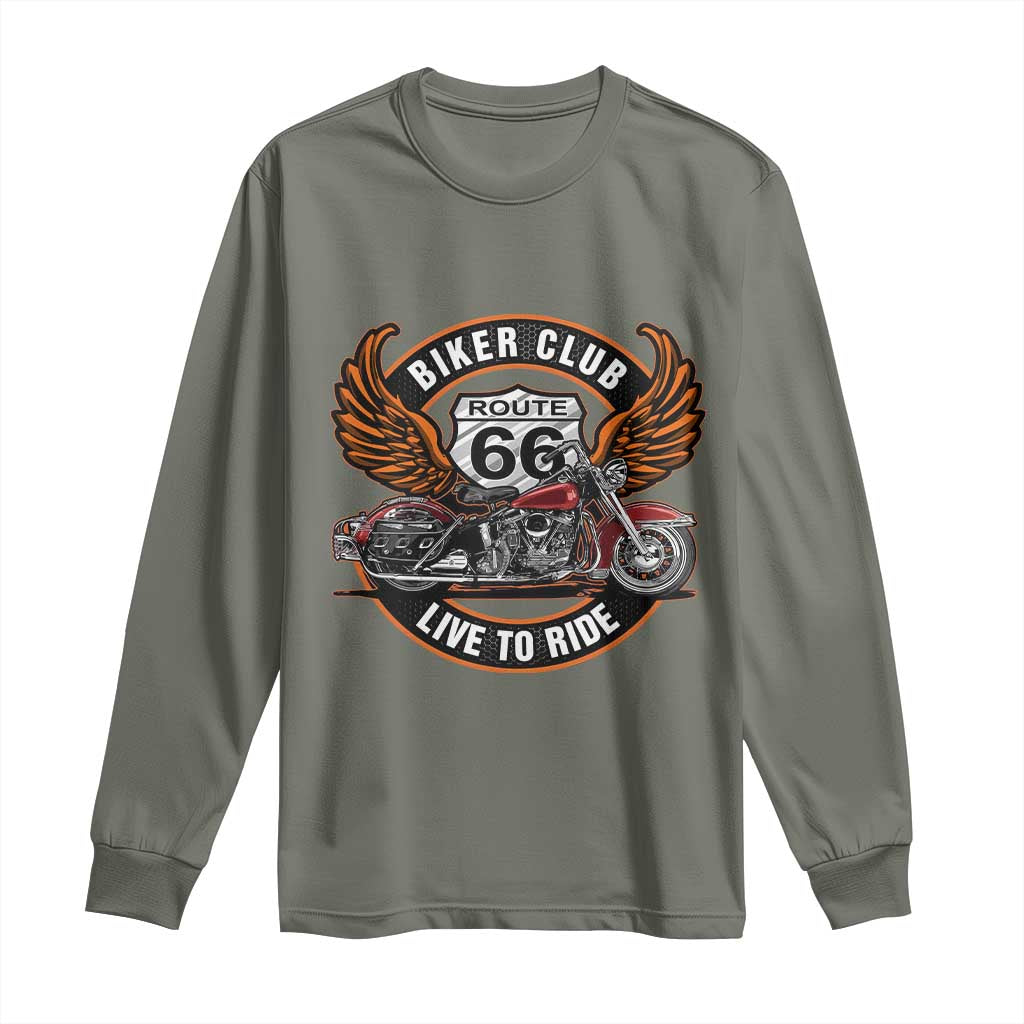 Vintage Route Highway 66 Biker Club Long Sleeve Shirt Live To Ride Motorcycle Graphic TS12 Military Green Print Your Wear