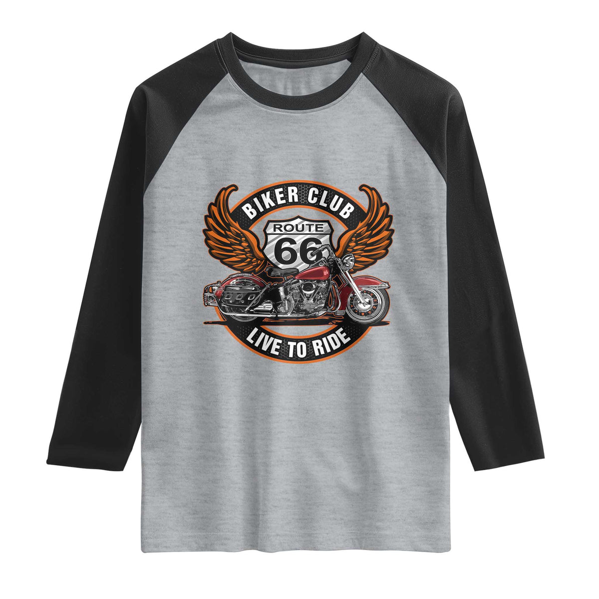Vintage Route Highway 66 Biker Club Raglan Shirt Live To Ride Motorcycle Graphic TS12 Heather Gray Black Print Your Wear