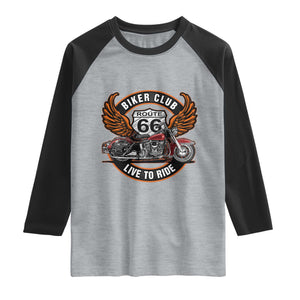 Vintage Route Highway 66 Biker Club Raglan Shirt Live To Ride Motorcycle Graphic TS12 Heather Gray Black Print Your Wear
