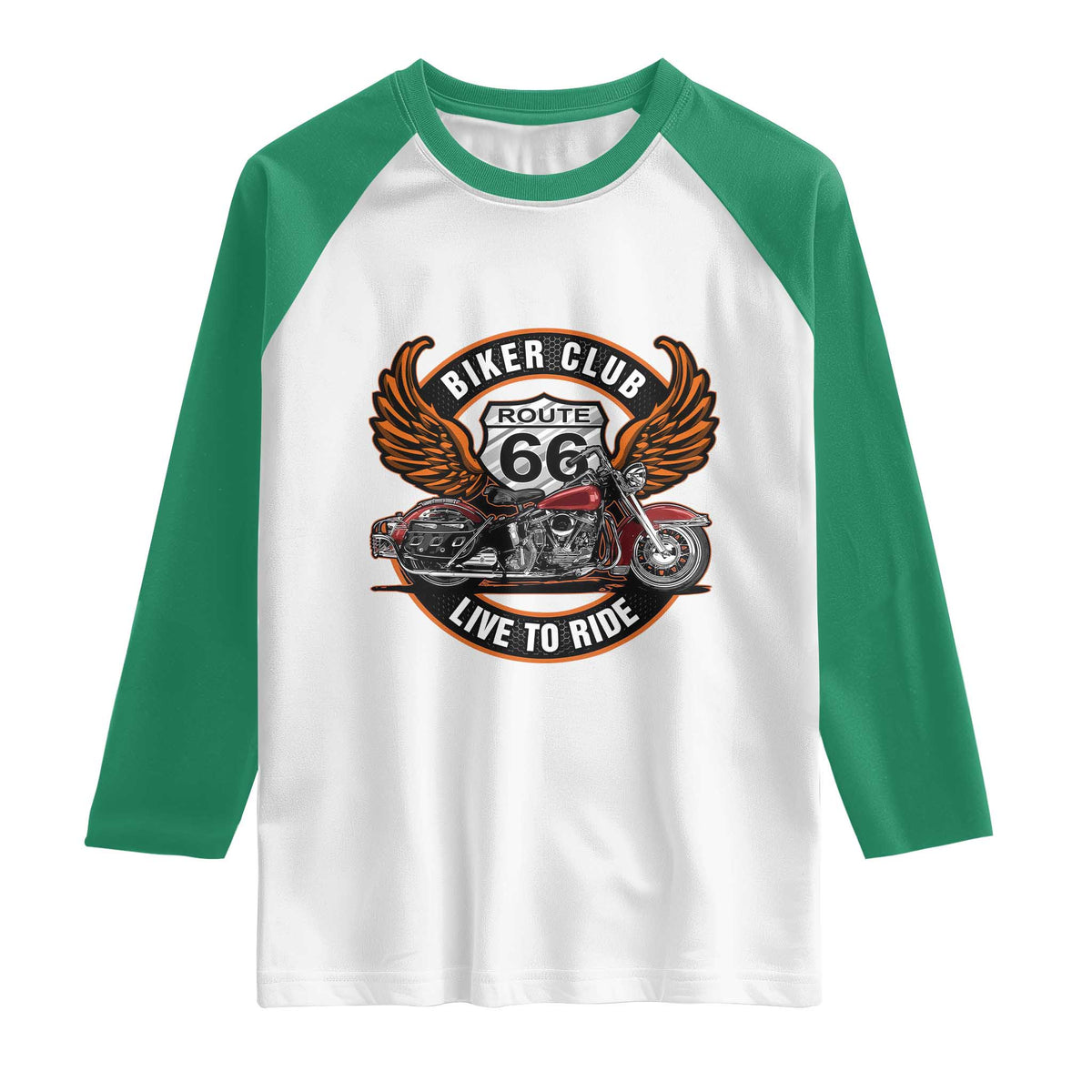 Vintage Route Highway 66 Biker Club Raglan Shirt Live To Ride Motorcycle Graphic TS12 White Kelly Green Print Your Wear