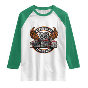 Vintage Route Highway 66 Biker Club Raglan Shirt Live To Ride Motorcycle Graphic TS12 White Kelly Green Print Your Wear
