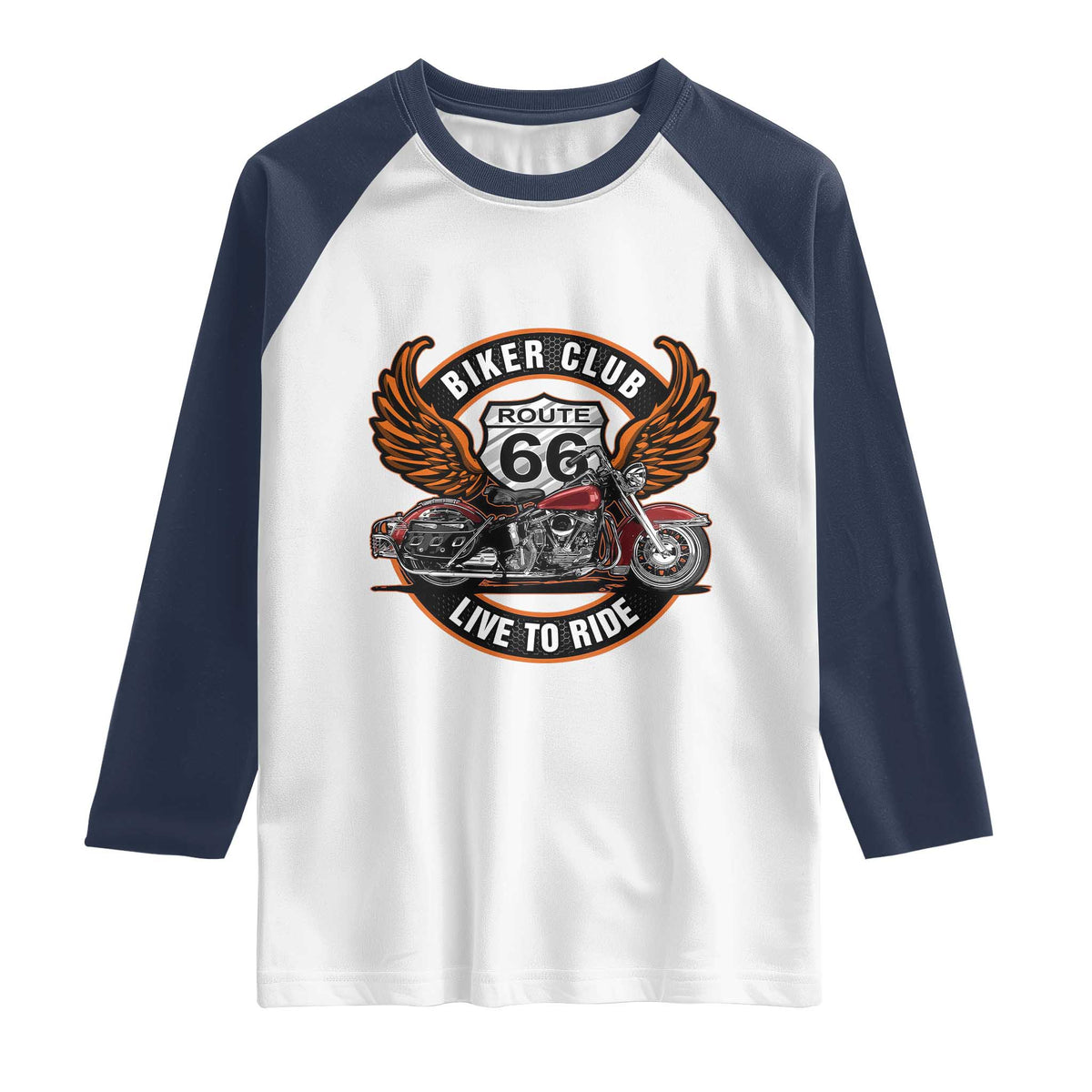 Vintage Route Highway 66 Biker Club Raglan Shirt Live To Ride Motorcycle Graphic TS12 White Navy Print Your Wear