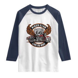 Vintage Route Highway 66 Biker Club Raglan Shirt Live To Ride Motorcycle Graphic TS12 White Navy Print Your Wear