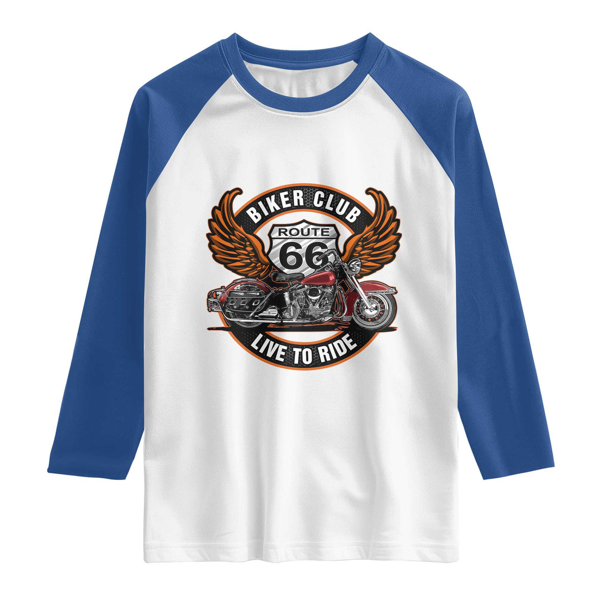 Vintage Route Highway 66 Biker Club Raglan Shirt Live To Ride Motorcycle Graphic TS12 White Royal Print Your Wear
