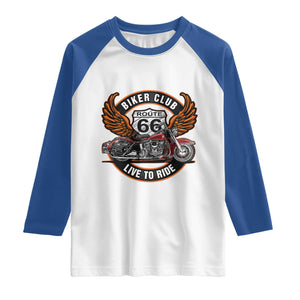 Vintage Route Highway 66 Biker Club Raglan Shirt Live To Ride Motorcycle Graphic TS12 White Royal Print Your Wear