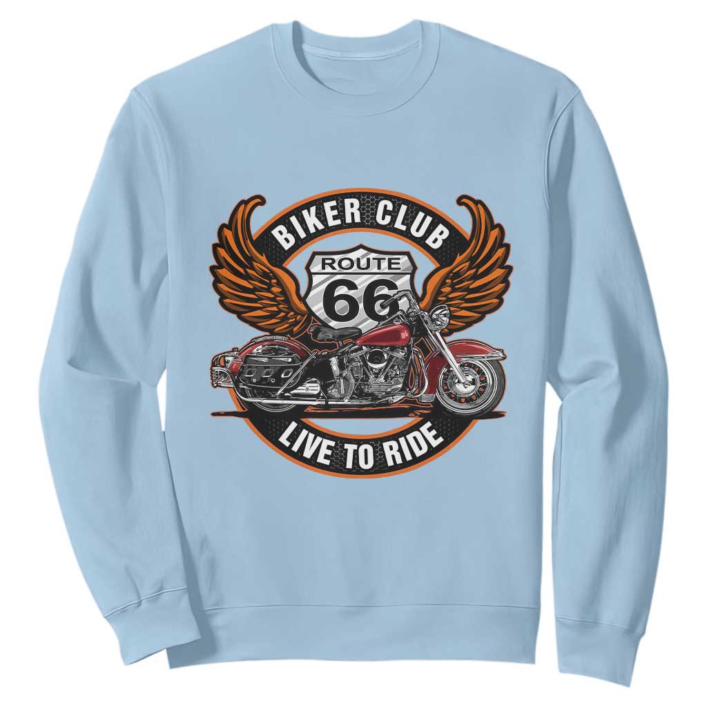 Vintage Route Highway 66 Biker Club Sweatshirt Live To Ride Motorcycle Graphic TS12 Light Blue Print Your Wear