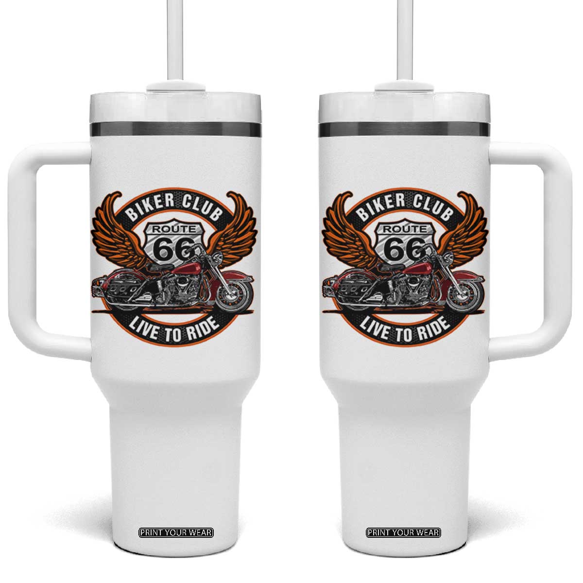 Vintage Route Highway 66 Biker Club Tumbler With Handle Live To Ride Motorcycle Graphic TS12 One Size: 40 oz White Print Your Wear