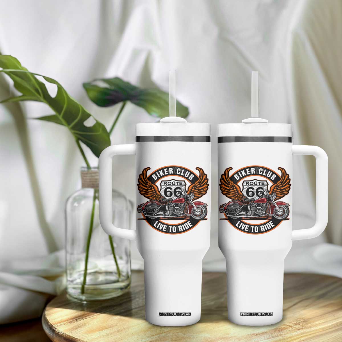 Vintage Route Highway 66 Biker Club Tumbler With Handle Live To Ride Motorcycle Graphic TS12 Print Your Wear