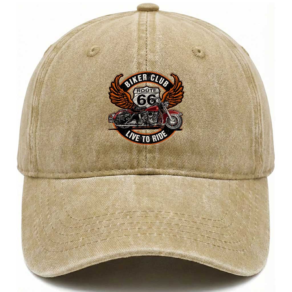 Vintage Route Highway 66 Biker Club Washed Cotton Baseball Cap Live To Ride Motorcycle Graphic TS12 Print Your Wear