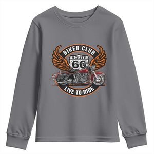 Vintage Route Highway 66 Biker Club Youth Sweatshirt Live To Ride Motorcycle Graphic TS12 Charcoal Print Your Wear
