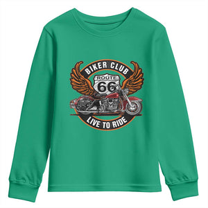 Vintage Route Highway 66 Biker Club Youth Sweatshirt Live To Ride Motorcycle Graphic TS12 Irish Green Print Your Wear