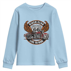 Vintage Route Highway 66 Biker Club Youth Sweatshirt Live To Ride Motorcycle Graphic TS12 Light Blue Print Your Wear