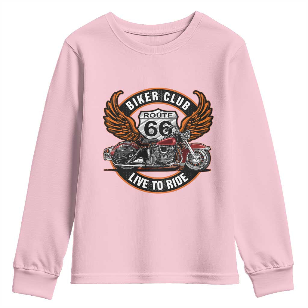 Vintage Route Highway 66 Biker Club Youth Sweatshirt Live To Ride Motorcycle Graphic TS12 Light Pink Print Your Wear