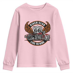 Vintage Route Highway 66 Biker Club Youth Sweatshirt Live To Ride Motorcycle Graphic TS12 Light Pink Print Your Wear