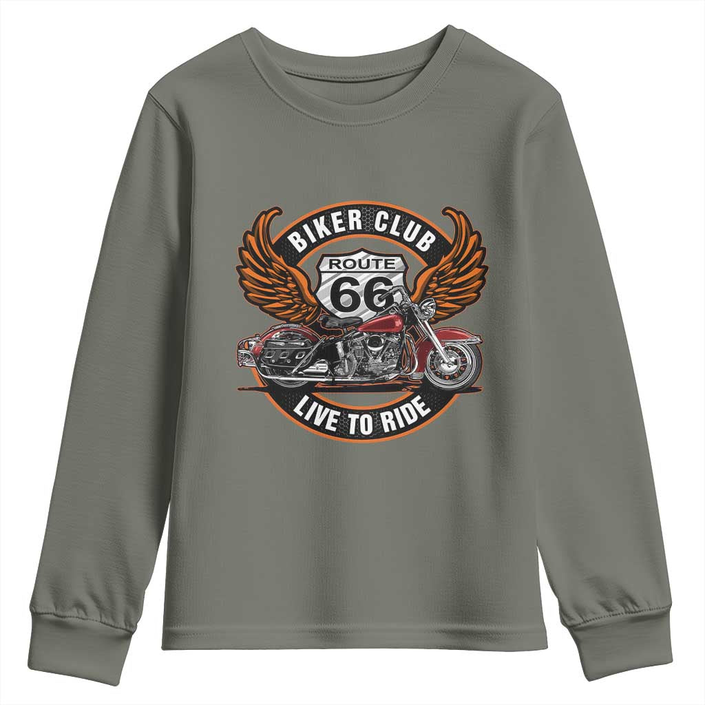 Vintage Route Highway 66 Biker Club Youth Sweatshirt Live To Ride Motorcycle Graphic TS12 Military Green Print Your Wear