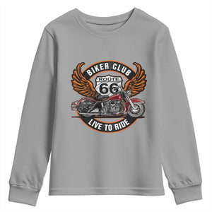 Vintage Route Highway 66 Biker Club Youth Sweatshirt Live To Ride Motorcycle Graphic TS12 Sport Gray Print Your Wear