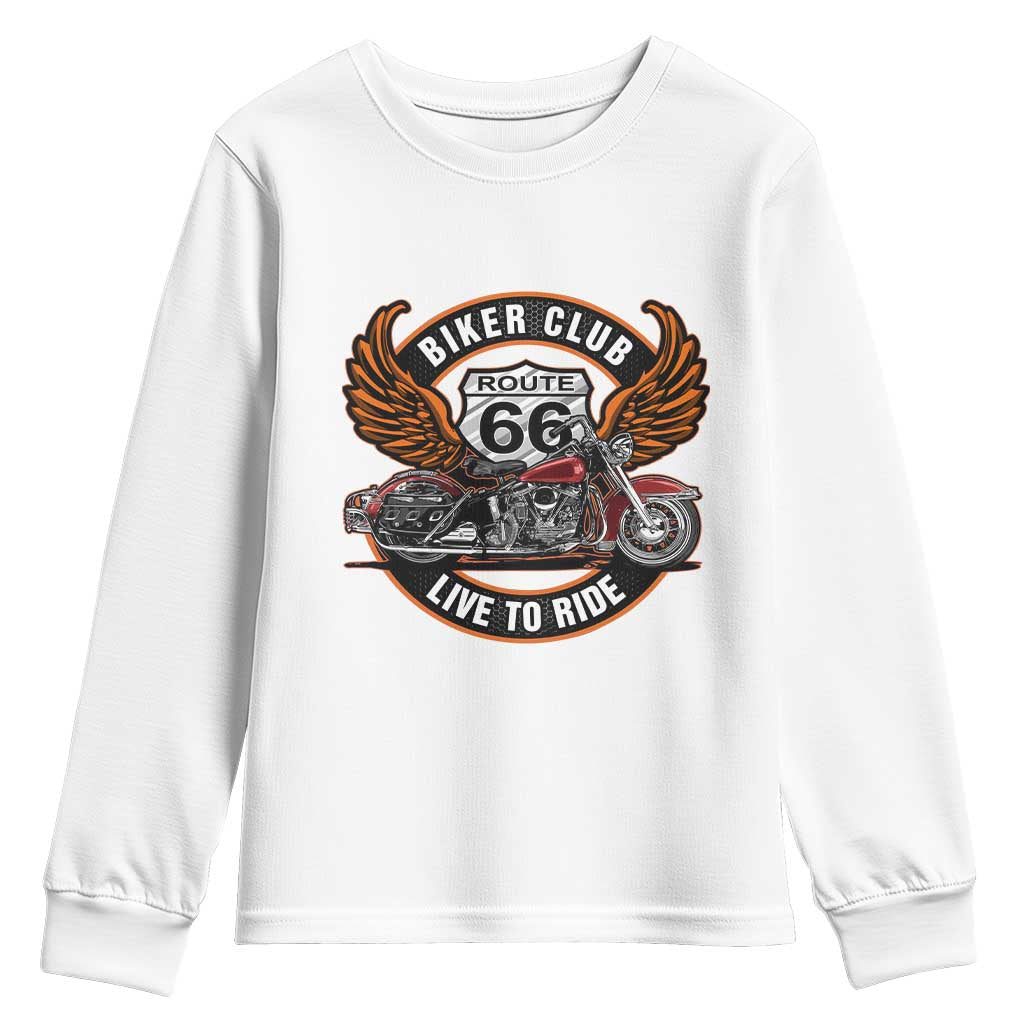Vintage Route Highway 66 Biker Club Youth Sweatshirt Live To Ride Motorcycle Graphic TS12 White Print Your Wear