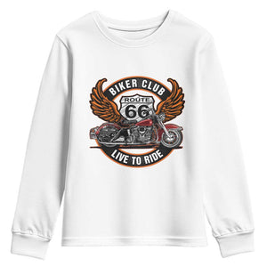 Vintage Route Highway 66 Biker Club Youth Sweatshirt Live To Ride Motorcycle Graphic TS12 White Print Your Wear