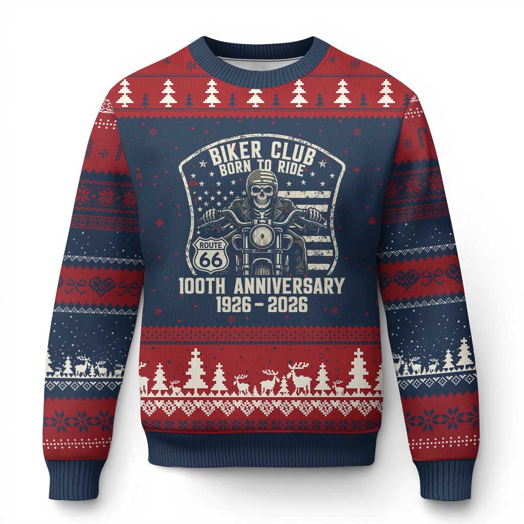 Vintage Biker Club Born To Ride Ugly Christmas Sweater 100th Anniversary Mother Road TS12 Navy Red Print Your Wear