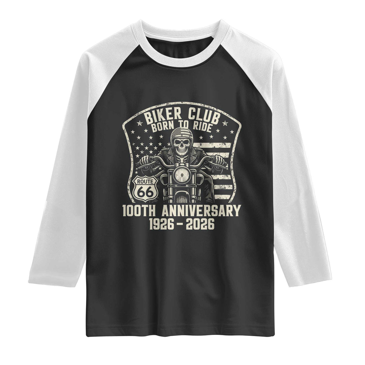 Vintage Biker Club Born To Ride Raglan Shirt 100th Anniversary Mother Road TS12 Black White Print Your Wear