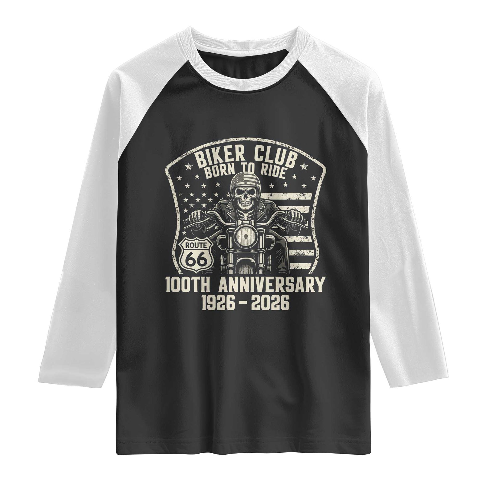 Vintage Biker Club Born To Ride Raglan Shirt 100th Anniversary Mother Road TS12 Black White Print Your Wear
