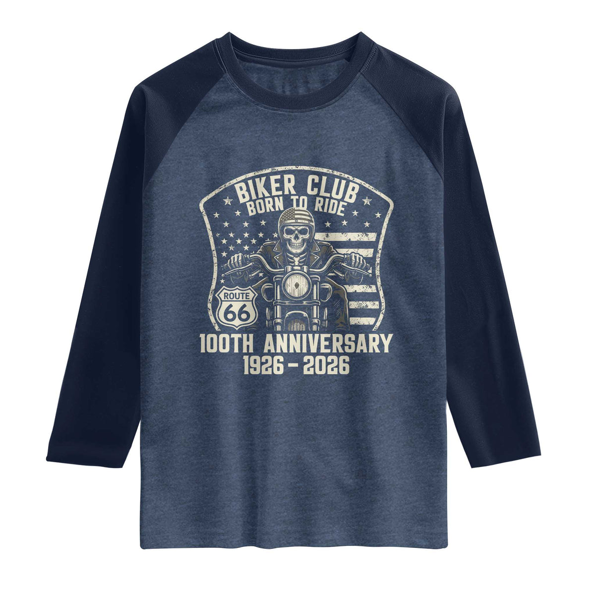 Vintage Biker Club Born To Ride Raglan Shirt 100th Anniversary Mother Road TS12 Heather Denim Navy Print Your Wear