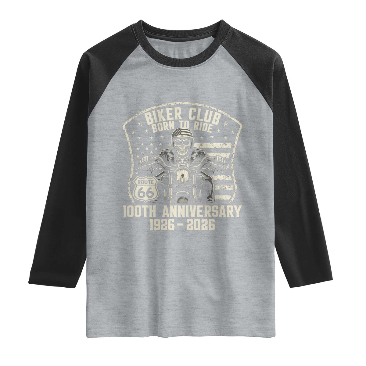 Vintage Biker Club Born To Ride Raglan Shirt 100th Anniversary Mother Road TS12 Heather Gray Black Print Your Wear