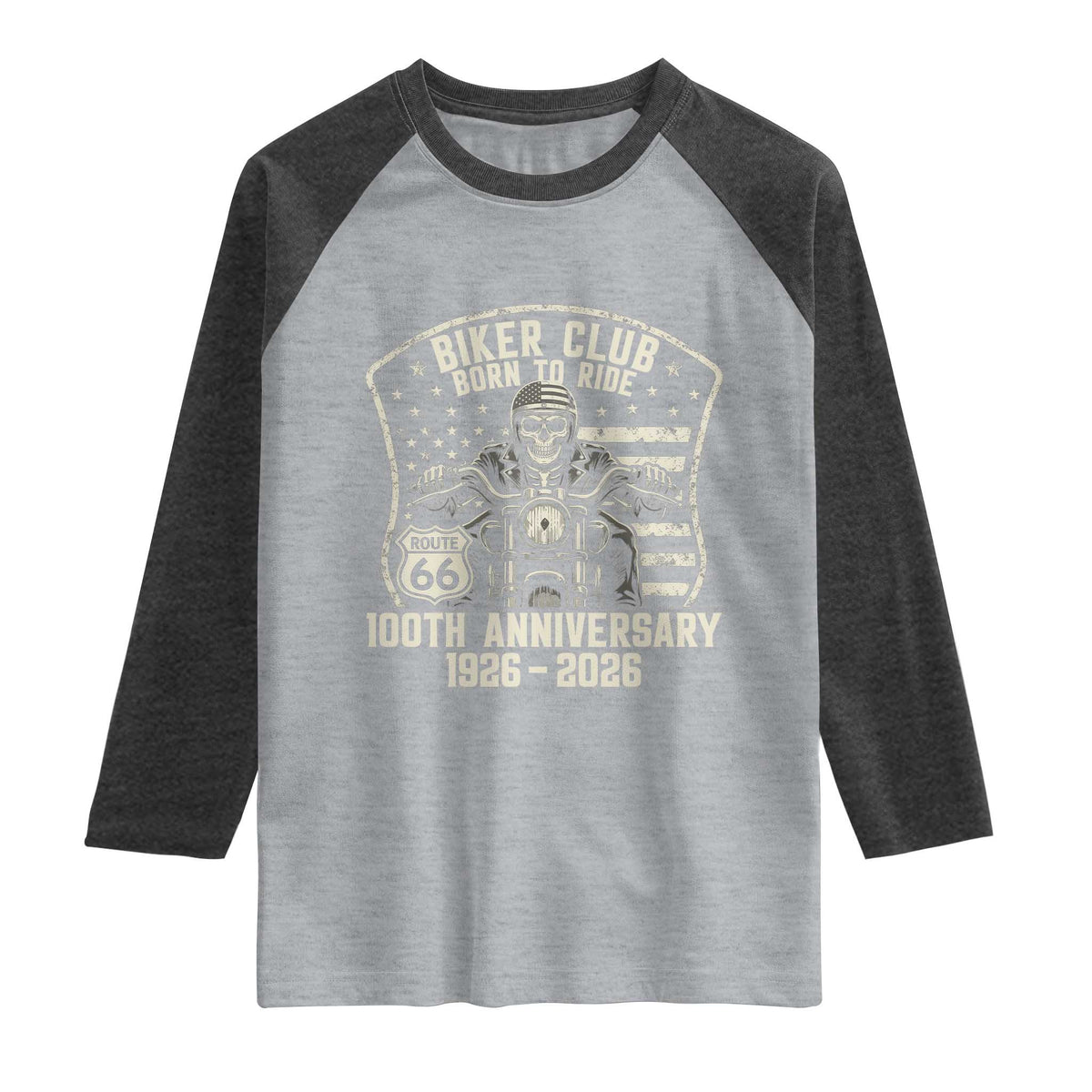 Vintage Biker Club Born To Ride Raglan Shirt 100th Anniversary Mother Road TS12 Heather Gray Heather Charcoal Print Your Wear