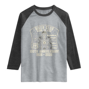 Vintage Biker Club Born To Ride Raglan Shirt 100th Anniversary Mother Road TS12 Heather Gray Heather Charcoal Print Your Wear