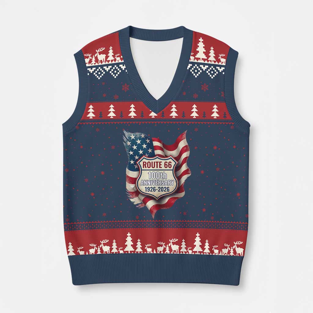 Route Highway 66 Centennial V-Neck Knit Sweater Vest Vintage American Flag Patriotic Gift TS12 Navy Red Print Your Wear